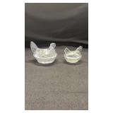 2 Clear Glass Hen on the Nest