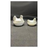 3 Milk Glass/Blue & Tan Hens on the Nest
