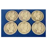 6 Barber Silver Half Dollars