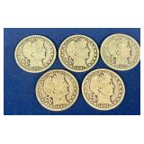 5 Barber Silver Half Dollars
