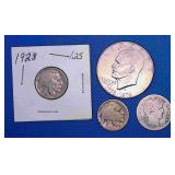 1914 Barber Quarter, Eisenhower Dollar, & 2 Buffal