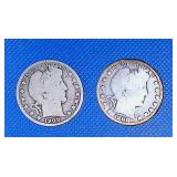 2. 1908 Barber Silver Half Dollars in protective c