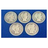 5 Barber Silver Half Dollars