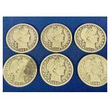 6 Barber Silver Half Dollars