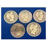 5 Barber Silver Half Dollars