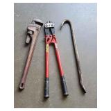 24" Pipe Wrench, Pry Bar & 24" Bolt Cutters