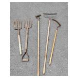 2 Pitchforks, Rake, Hoe & Scythe