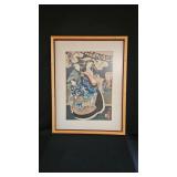 Antique Oriental Wood Block Geisha Girl Print