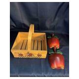 Wooden Basket with Two Metal Apple Decorations