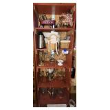 Red Wooden Shelf with Glassware and Candle Stands