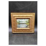Framed Covered Bridge Oil Painting