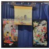 3 Japanese Geisha and Landscape Wall Tapestries