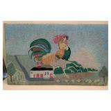 Folk Art Signed Hand-Hooked Rooster Rug