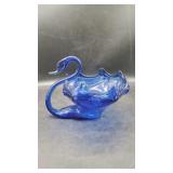 Cobalt Blue Hand-Blown Art Glass Swan Bowl