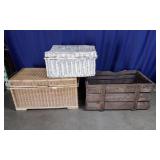 2 Rattan Trunks & Wooden Orchard Crate