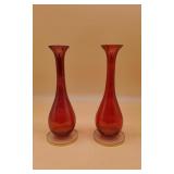 2 Cranberry Vases W/Gold Trim Bottom