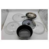 Large Box of Skillets & Glass Lids