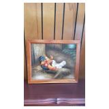 Oil Painted Rooster & Hens on Canvas in Wood Frame