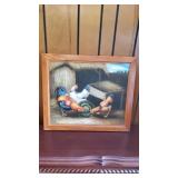 Oil Painted Rooster & Hens on Canvas in Wood Frame
