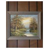 2 Wood, Water & Mountain Scene Oil Paintings