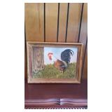Oil Painted Rooster on Canvas in Rustic Wood Frame