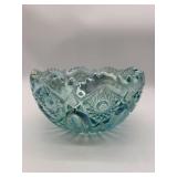 Teal Blue Ruffled Edge Carnival Pressed Glass Bowl