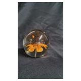Art Glass Paperweight With Orage Flowers & Bees