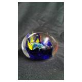 Art Glass Paperweight, Multi Color Blue With Fish