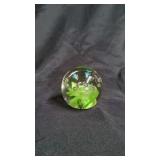 Art Glass Paperweight, Green Flower, Bubbles, Fish