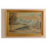 Mountain Scene Oil Painting on Board in Frame