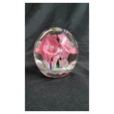 Art Glass Paperweight With PInk Flowers & Swirls