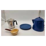 Blue Enamel Camping Coffee Pot & 4 Plates & Misc