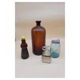 Large Brown Glass Jug and Other Various Bottles
