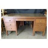 Wooden Double Pedestal Office Desk W Glass Top