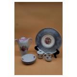 China Pitcher, Saucers, and Misc