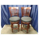 Pair Of Wooden Swivle Cushioned Bar High Chairs