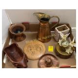 Copper / brass items, snow globe music, ram