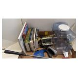 Books, 2 clocks, water jug, shoe horn