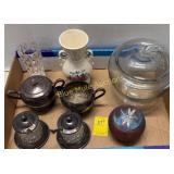 Glass apple canister, crystal vase, cream & sugar,