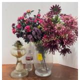Heavy glass vase, flowers, oil lamp
