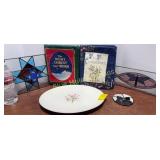 Cloth books, 3 stained glass, platter