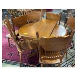 Contemporary pedestal oak round table w/6 chairs &