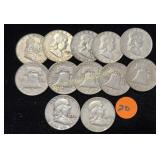 Silver 12 Franklin Halves 1960s & 50s