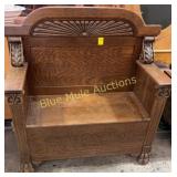 Antique oak flip top hall bench, 1 toe missing