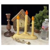 Bark table clock, vintage Christmas candles-