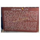 Large red Kerchival City wood hanging sign-