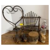 Twig mini bench, concrete rabbit, 2 wood carved