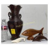 Tin vase, wood & plastic whales