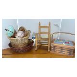 Baskets, doll rocker, sewing basket