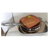 All-Clad roaster, fry pan & 2 Red Copper skillets